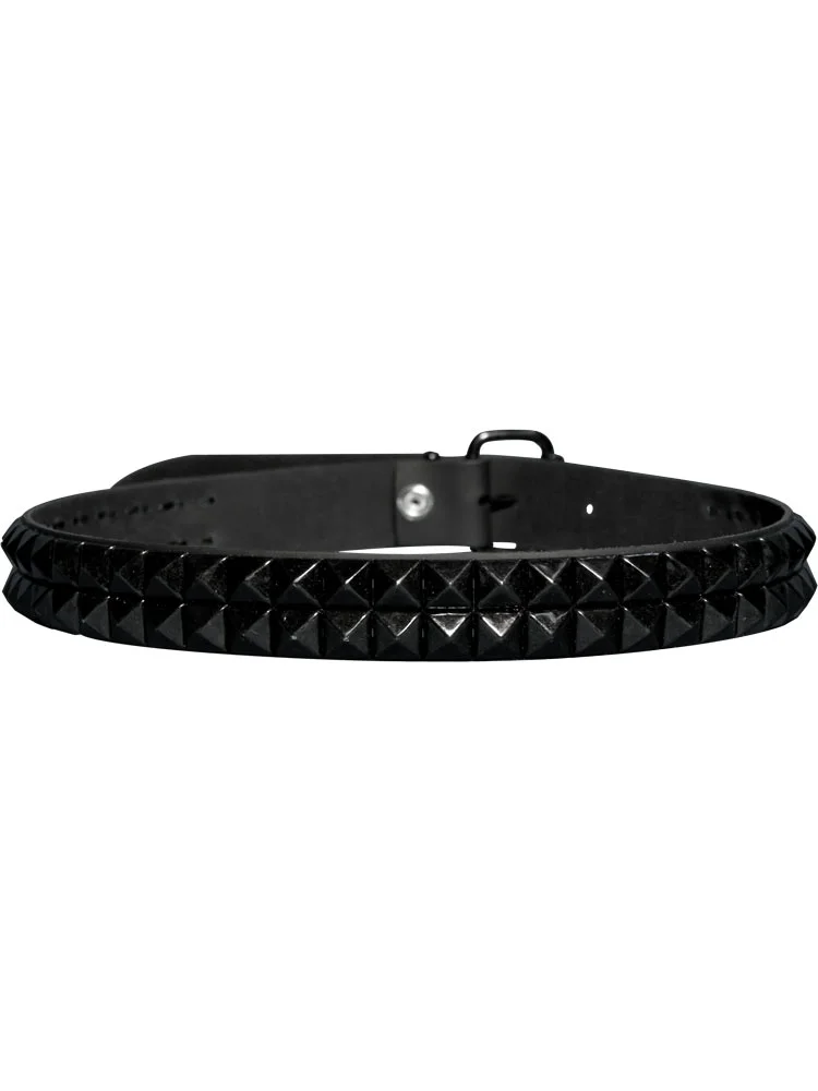 Leather belt black pyramid spikes 2 rows