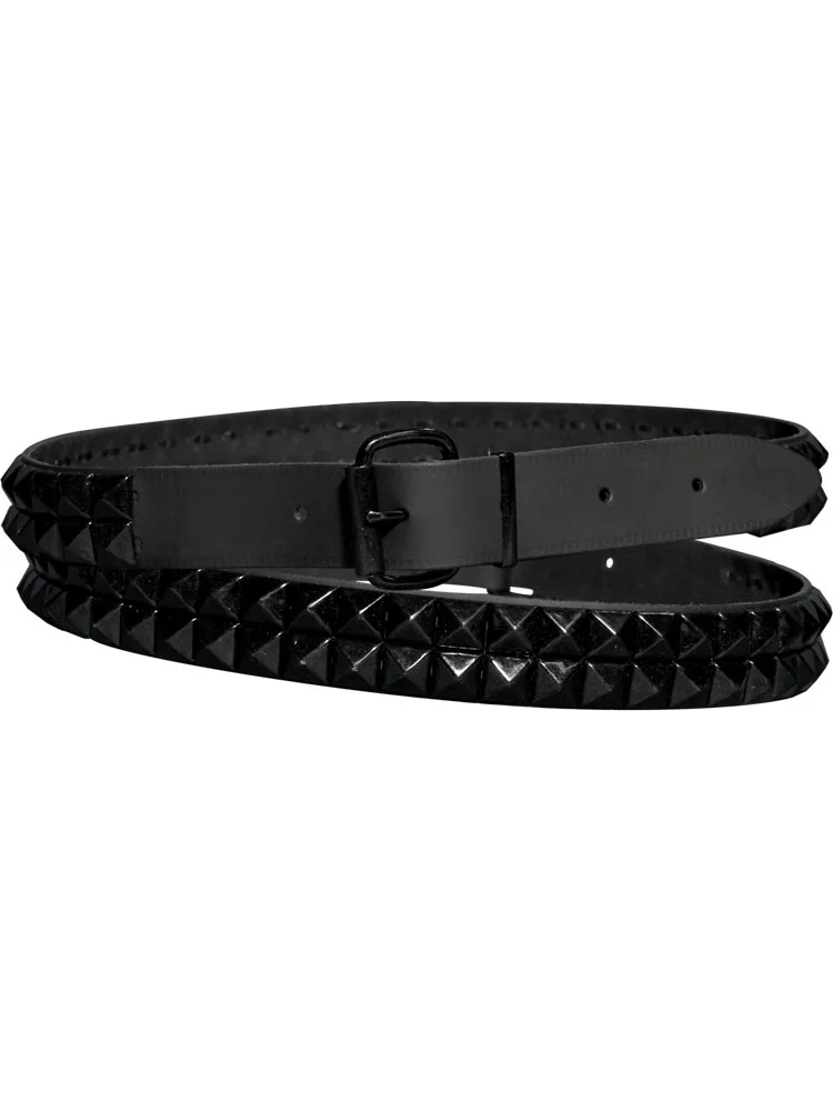 Leather belt black pyramid spikes 2 rows