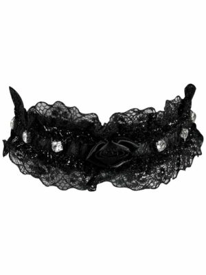 Black lace choker with bow and rhinestones