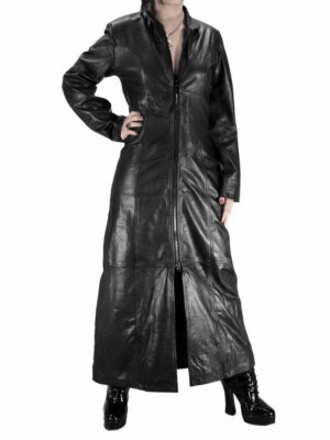 Long zipper leather coat for women