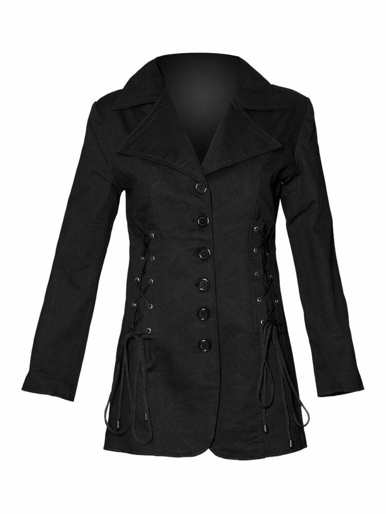 Black drawstring long-jacket for women