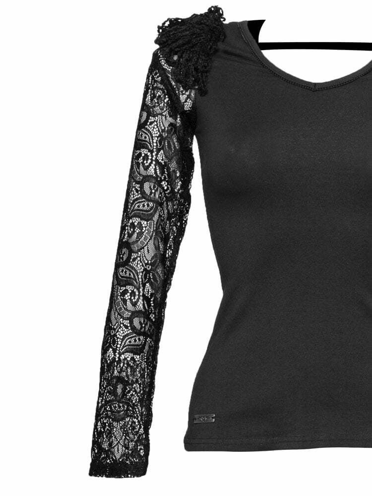 Shirt with lace sleeves and drawstring back