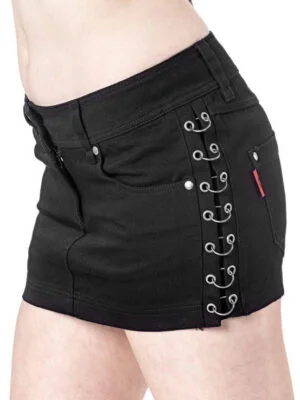 Black denim miniskirt with rings on sides
