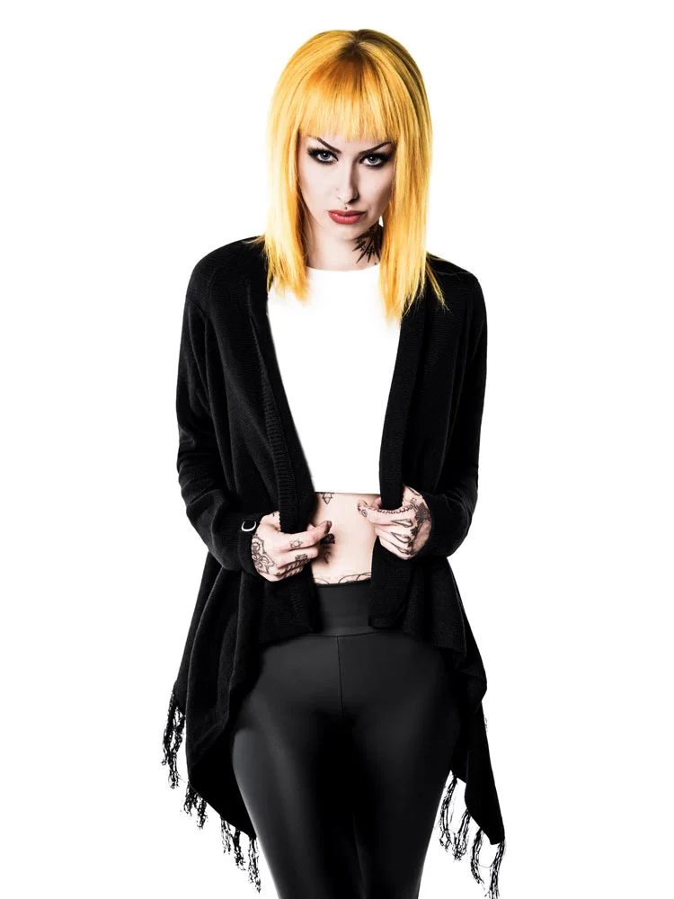 Black knit cardigan with fringes, by Killstar