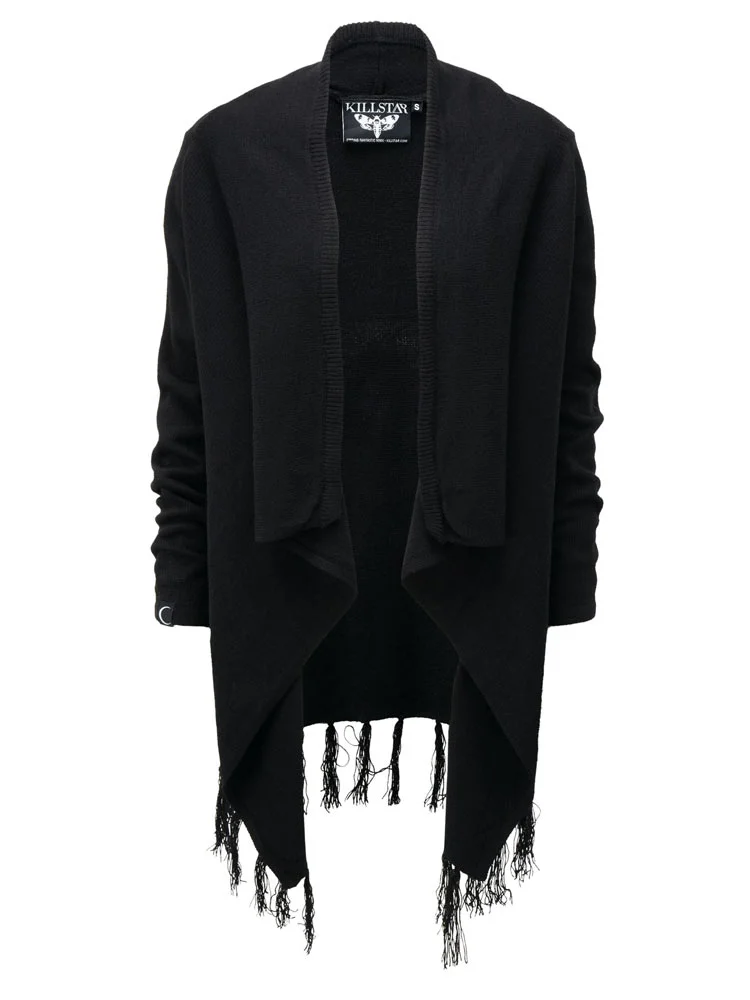Black knit cardigan with fringes, by Killstar
