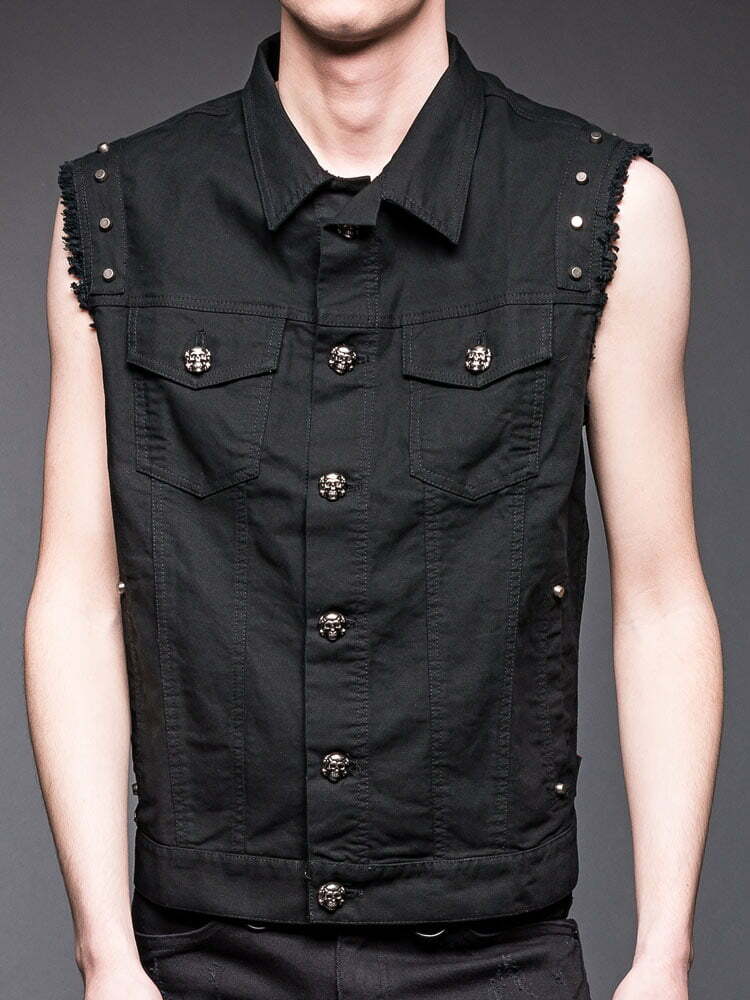 Black denim vest with studs and skull buttons