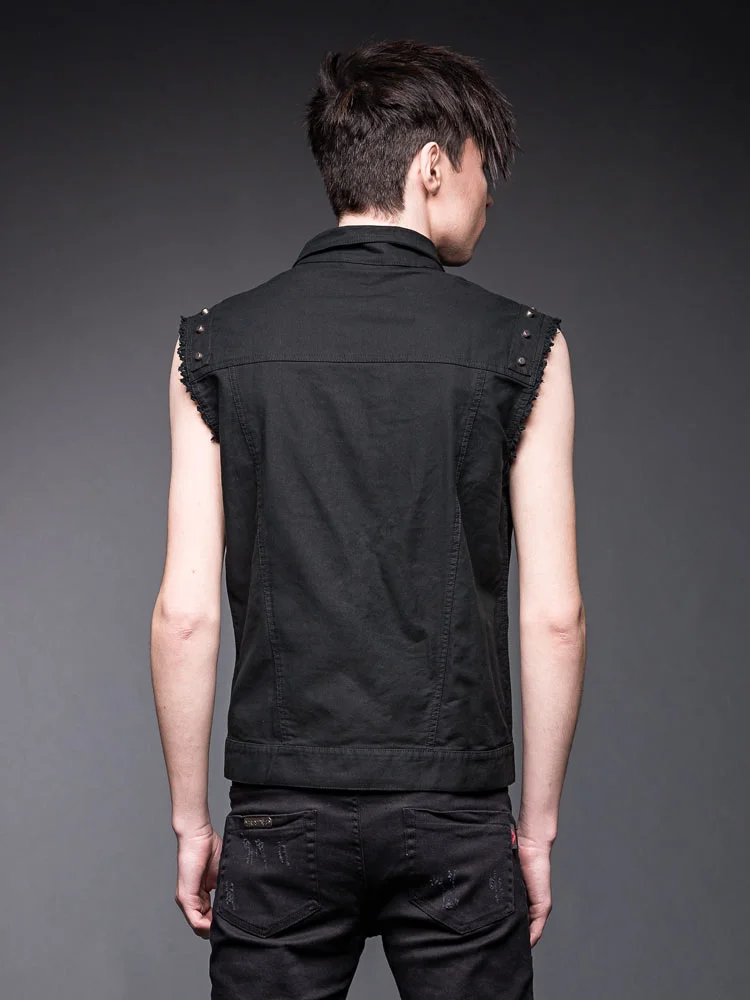 Spiral Black Sleeveless Denim Vest – Gothic Streetwear, Button Up, Men's Cotton Vest, Local Stock