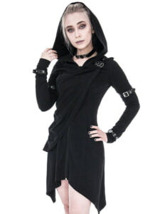 Occult hoodie for women, draped gothic style with pentagram clasp.